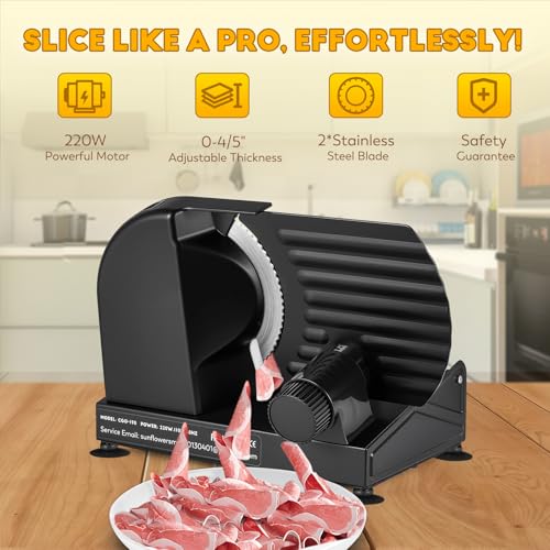 Meat Slicer 220W Electric Deil Food Slicer with 2 Removable 7.5" Blades (Black)