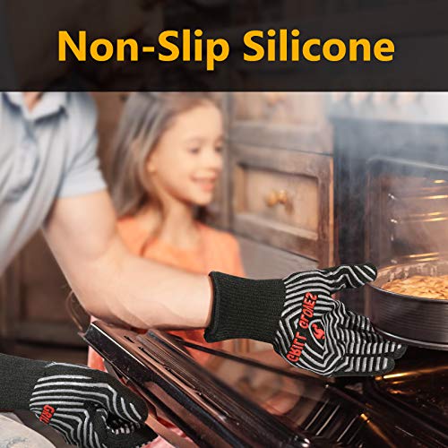 BBQ Gloves 1472°F Heat Resistant Grilling Gloves Silicone Non (Black / One Size Fits Most(Regular Cuff))