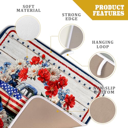 American Flag Dish Drainer Mat Flowers Absorbent Dish Rack Pad for Kitchen Coffee Bar Sinks (Patriotic Truck Blue / 18" x 16")