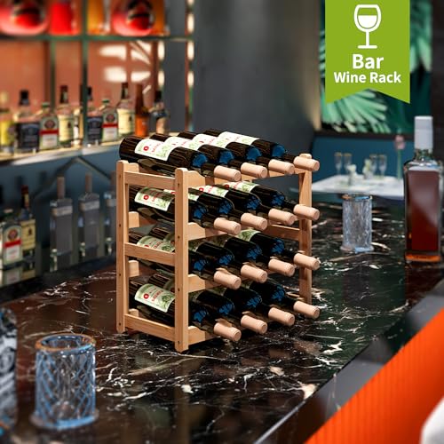 Bamboo Wine Rack Wine Storage Cabinet Shelf 16 Bottle Wine Racks Countertop Sturdy for Kitchen Dining Room Pantry (Natural / 4 Tier)