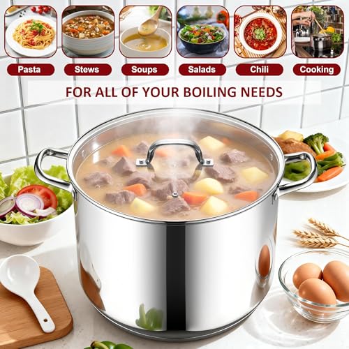 24-Quart 18/10 Stainless Steel Stock Pot with Lid, Large Heavy Duty Soup Pot Compatible with Electric, Gas, Induction and Gas Cooktops, Non-Toxic & Corrosion Resistant, Dishwasher Safe (24 Quarts)