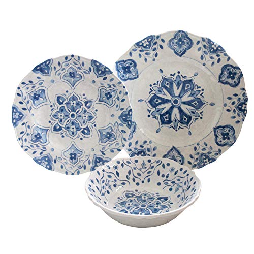 18 Piece Luxury Melamine Dinnerware Set (Moroccan Blue)