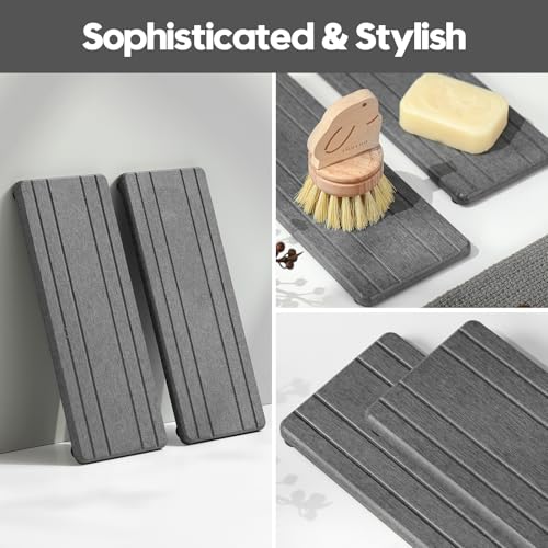 2PCS Diatomite Quick Stone Drying Tray Mat For Bathroom & Kitchen Counter (2 Pack - Charcoal Gray Grooved / 9" x 3.5")