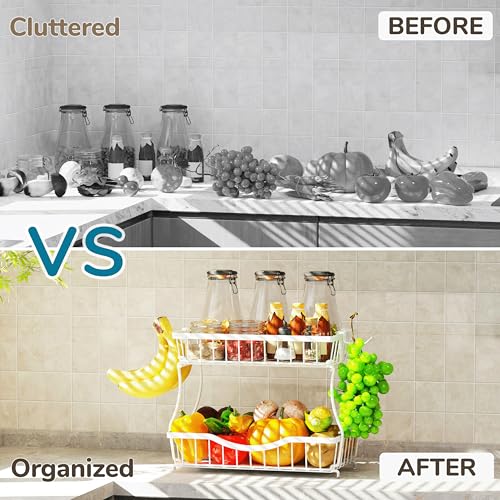 Large 2 Tier Fruit Basket for Kitchen Counter with 2 Banana Hangers (White)