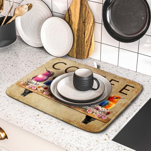 Coffee Cup Dish Drying Mat Brown Bird Drying Matt Kitchen Counter for Coffee Bar Decor (Bird Cups 511 / 18" x 16")