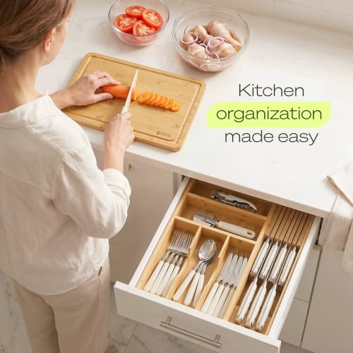 Drawer Organizer with Knife Block for Kitchen Organization (Natural / 6 Slot)