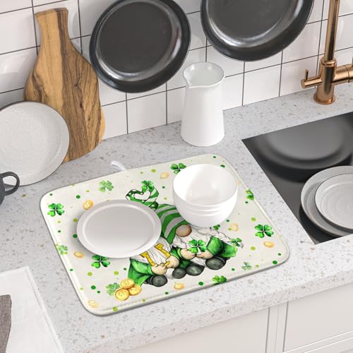St Patrick's Day Gnome Dish Drying Mat 16x18 inch Lucky Shamrock Absorbent Reversible Dishes Drainer Rack Mat for Coffee Bar Kitchen Decor (Shamrock Gnome / 16" x 18")