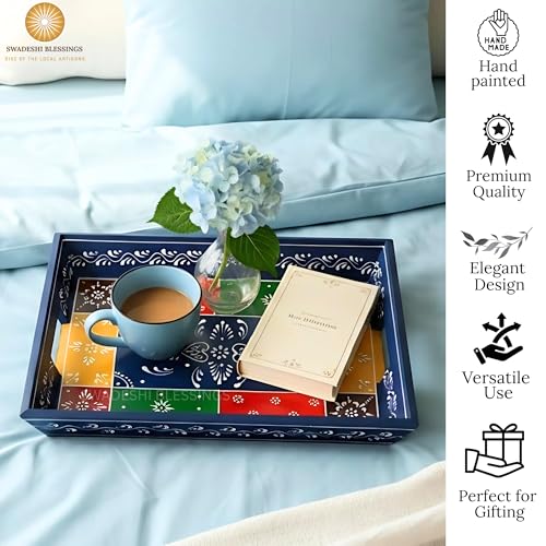Hand Painted Wooden Serving Tray Set of 3 (Blue / Set of 3)