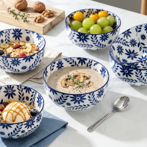 Cereal Bowls Set of 6 (Blue Floral Mandala)
