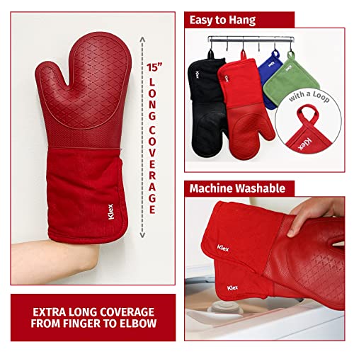 Extra Long Silicone Oven Mitts and Pot Holders (Oven Mitts Set / Red)