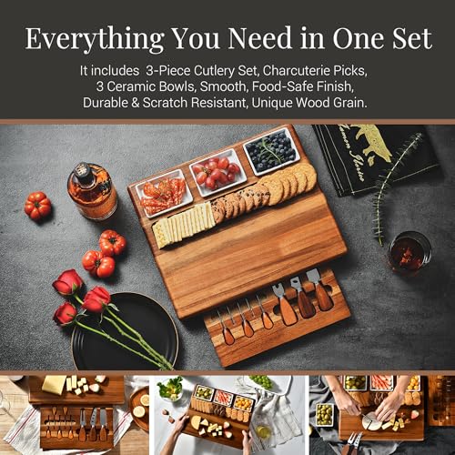 Large Acacia Wood Charcuterie Board Set with 3 Removable Ceramic Bowls & Serving Utensils (16" x 12" x 1.5")
