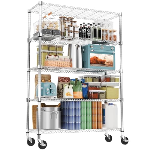 1750LBS 47.2" W 5 Tiers Storage Shelves Metal Shelving Unit with Wheels Heavy Duty Garage Shelving Adjustable Wire Shelves for Pantry (5 tier, 17.7" D x 47.2" W x 76.8" H / Chrome)