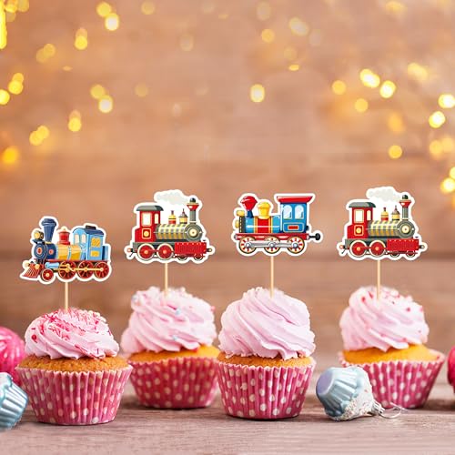 24Pcs Transportation Trains Cupcake Toppers Cartoon Vintage Locomotiv Cupcake Picks for Retro Train Boys Girls Funny Birthday Party Baby Shower Cupcake Decorations Train Transportation Party Decors (Red)