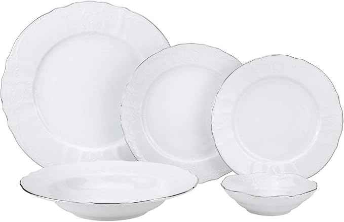 Euro Porcelain 20-pc Luxury Dinnerware Set w/Platinum Silver Ornament, HQ Dining Tableware Service for 4 (Bernadette wht.)