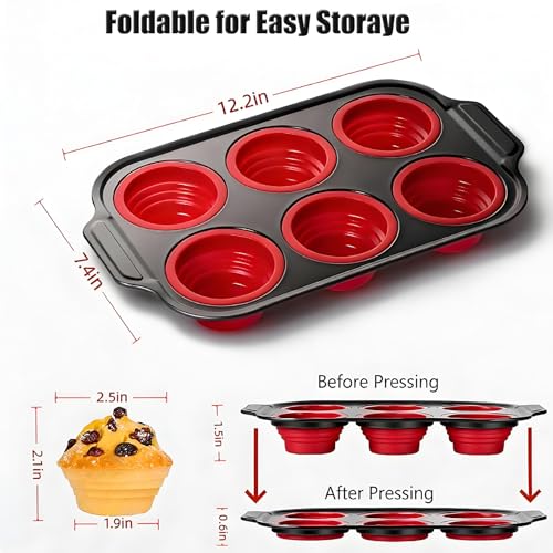 Muffin Pan, 6-Cup Nonstick Silicone Muffin Pans for Baking, Food-Grade Cupcake Pan for Oven, Microwave, Dishwasher Safe, BPA-Free Silicone Baking Mold for Muffins, Cupcakes, Egg Muffins (6 Cups Red)