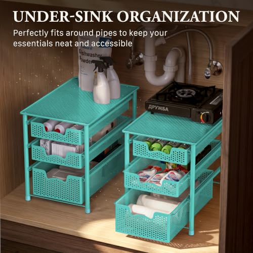 Stackable 3 Tier Slide Basket Organizer Drawer (3-Tier / Turquoise)