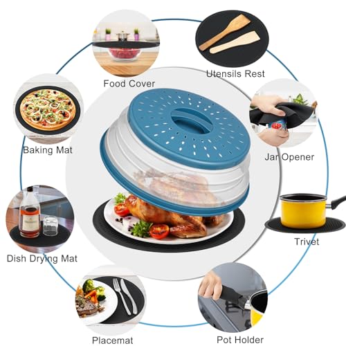 2 in 1 WENWELL Microwave Splatter Cover for Food & Mat (10" Blue cover & 10" black mat)