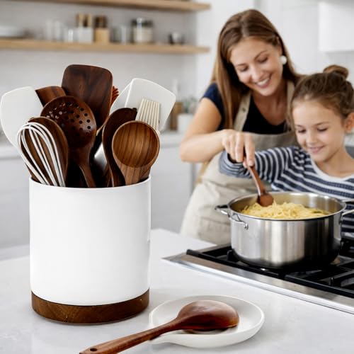 Ceramic Rotating Utensil Holder with Spoon Rest for Kitchen Counter White (White & Spoon Rest)