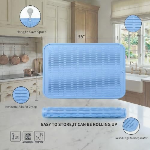 Silicone Dish Drying Mat for Multiple Usage (Light Blue / 36"L x 18"W)
