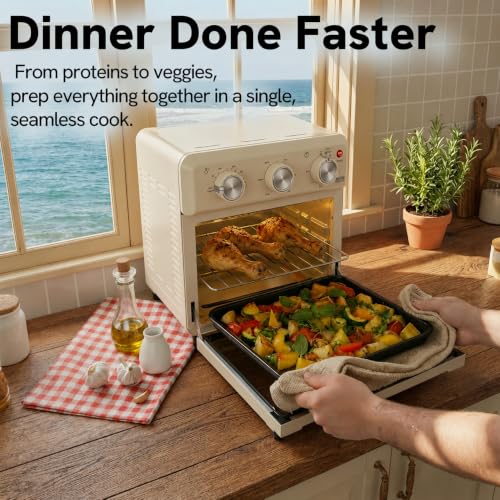 6-in-1 Retro Air Fryer Toaster Oven Combo, Compact 12.7 QT Small Countertop Convection Oven, Fits 9" Pizza & 4 Toast, Hexagon Hybrid Heating, Enamel Baking Pan Included, Almond Yellow Color (12.7-QT Almond Yellow Color)