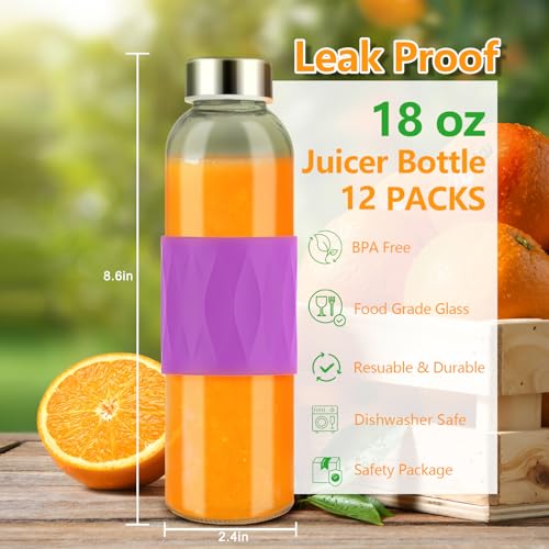 18oz Glass Juice Bottles with Stainless Steel Lid Leak Proof 12 Pack (Vibrant Sleeve 12)