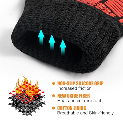 BBQ Gloves 1472°F Heat Resistant with Silicone Grip Oven Mitts (Red / Long (Glove L 13.78" × Palm W 6.33"))