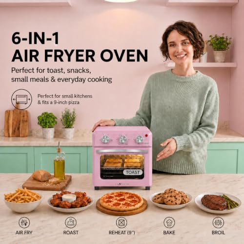 6-in-1 Retro Air Fryer Toaster Oven Combo, Compact 12.7 QT Small Countertop Convection Oven, Fits 9" Pizza & 4 Toast, Hexagon Hybrid Heating, Enamel Baking Pan Included, Pink Color (12.7-QT Classic Pink Color)