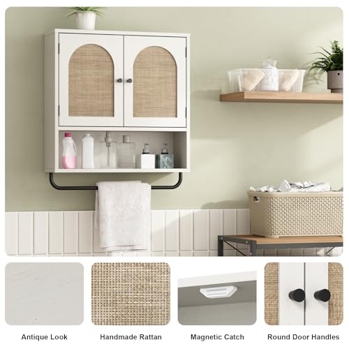 Rattan Bathroom Wall Cabinet (Rustic White / 2 Doors)