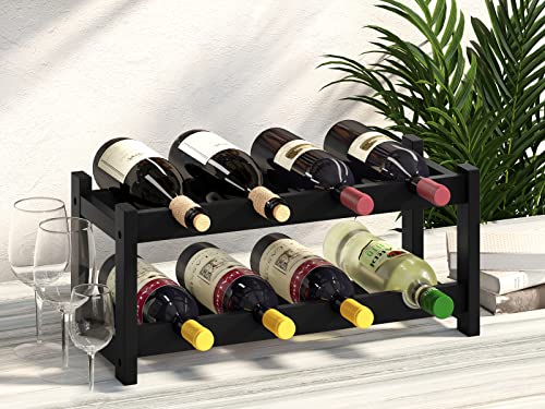 Wine Rack Freestanding 8 Bottle 2 Tier Bamboo Wine Racks Countertop Cabinet Wine Holder Wine Storage Shelf for Kitchen (2-tier-Black)