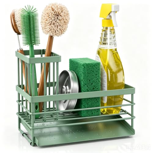 Sink Caddy Sponge Holder for Kitchen with Brush Holder and Stainless Steel Self Drain Tray (8.26'' / Sage Green)