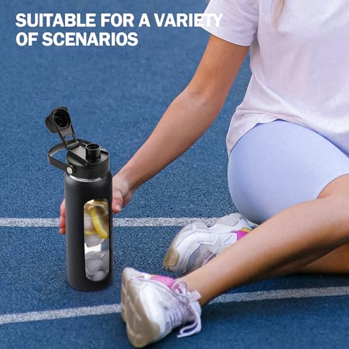 24oz Glass Water Bottle with Straw and 2 Lids (Black / 24 Ounces)