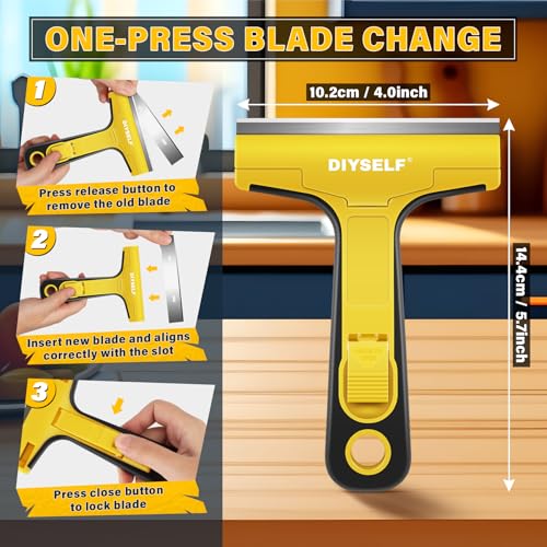 Floor Scraper with 10 Extra 4" Razor Blades (10PCS Metal Blades / Yellow)