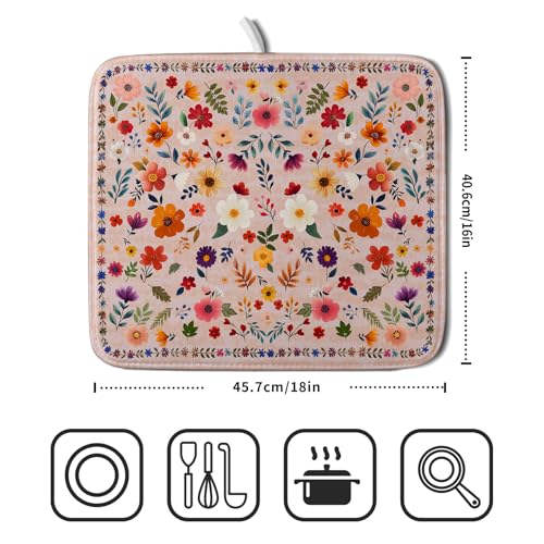 Boho Floral Dish Drying Mat (Wildflowers Pink / 18" x 16")