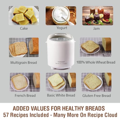 19-in-1 HANDY Bread Machine with Homemade Cycle and Gluten Free Setting - Beginner Friendly 2LB 1.5LB 1LB White Bread Maker Machine with Recipes and Delay Timer (White Body - Stainless Steel Lid & Chamber / 19 Programs - 3 Loaf Sizes - 3 Crust Colors)