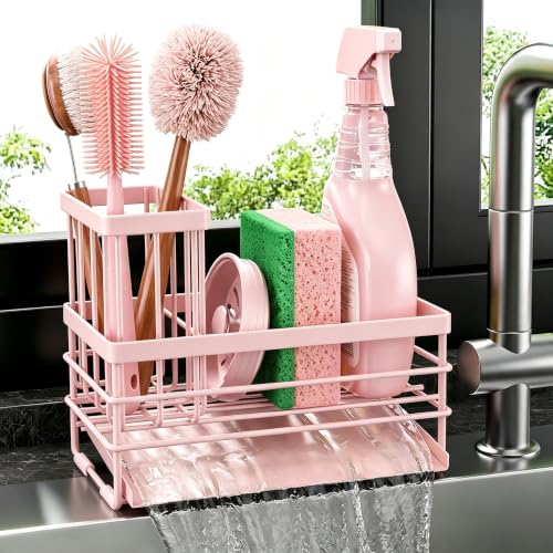 Pink Sink Caddy Sponge Holder for Kitchen with Brush Holder and Stainless Steel Self Drain Tray (8.26'' / Pink)
