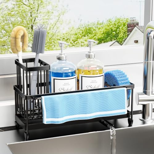 Larger Version Sponge Holder for Kitchen Sink (Black with Towel Rack)