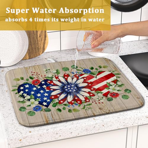 Independence Day Dish Drying Mat 16x18 inch Patriotic Love Heart Fast Dry Microfiber Dishes Drainer Rack Pad Kitchen Counter Accessories (Patriotic Floral Heart / 16" x 16")