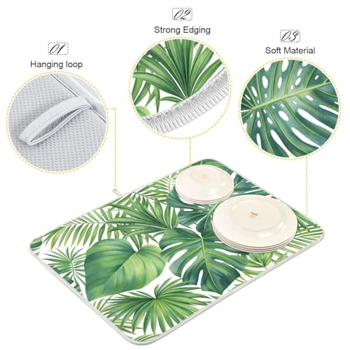 Green Monstera Palm Leaves Dish Drying Mat for Kitchen Counter Absorbent Microfiber Drying Pad (16" x 18")