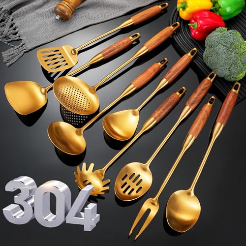 Gold Kitchen Utensils Set Stainless Steel 9 PCS with Wooden Handle (Upgraded Gold-9)