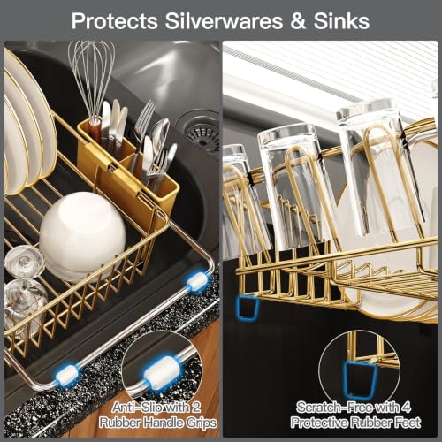 Gold Expandable Dish Drying Rack Over Sink with Extra Drainboard (Gold / For 11.5"-16" W Sink with Cup Holder & Drainboard)