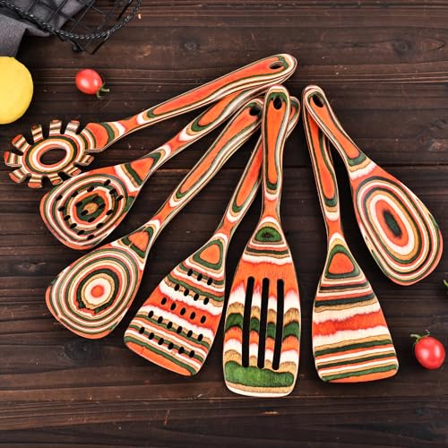 Pakkawood 7 Piece Red Wooden Cooking Utensils (7 PCS Red)