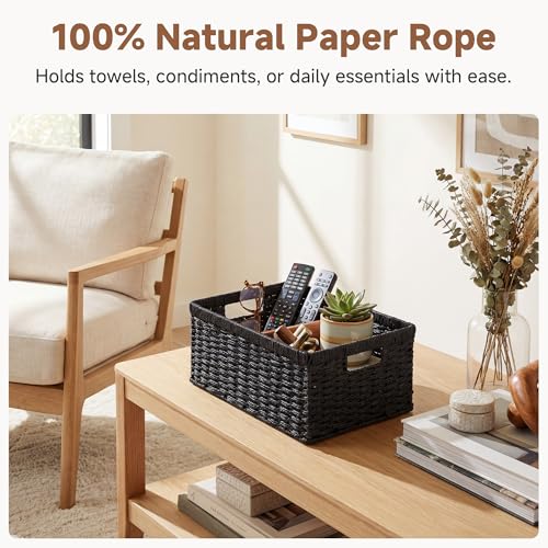 Wicker Storage Baskets for Organizing (Black (Paper Rope) / 15"L x 11"W x 7"H + 13"L x 9"W x 6¼"H)
