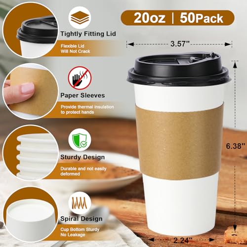 50 Pack 20 oz Disposable Coffee Cups With Lids and Sleeves (White / 20OZ-50 PACK)