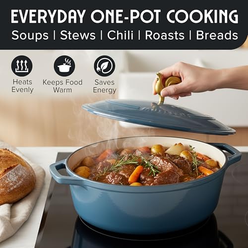 MUELLER HOME 5.5 Quart Enameled Cast Iron Oval Dutch Oven w Rooster Knob & Cotton Potholders (5.5 Quart -Oval / Mineral Blue)