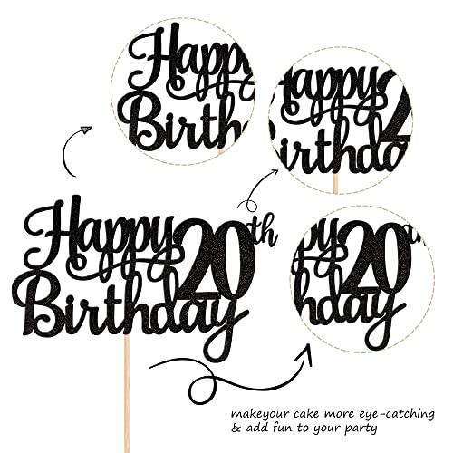 1 PCS Happy 20th Birthday Cake Topper Glitter Cheers to 20 Years Birthday Cake Pick Twenty 20 Fabulous Cake Decoration for Happy 20th Birthday Theme Party Decorations Supplies Black (Black / 20th)