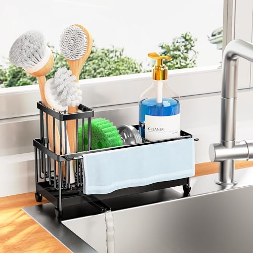 Sponge Holder for Kitchen Sink (Black With Towel Rack - 9.25″)