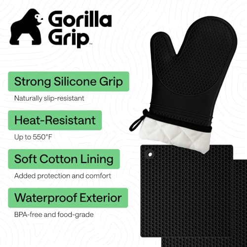 BPA Free Silicone Oven Mitts and Pot Holders Set (Black / 12.5" Oven Mitts + 7" Trivets)