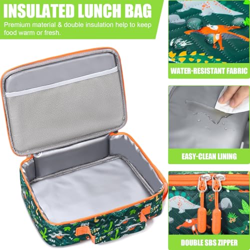 Kids Bento Lunch Box with Toddler Insulated Water Bottle Lunch Bag (A6. Green Dinosaur)