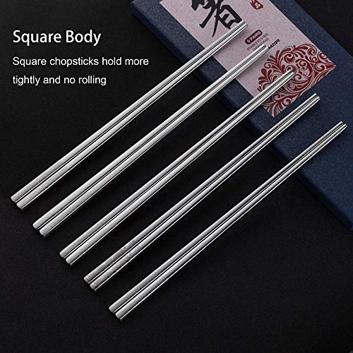 Metal Chopsticks Reusable 316 Stainless Steel Chopsticks Multipack Dishwasher Safe Chop Sticks Square Fancy Laser Engraved Non (Shiny silver 316 stainless steel)