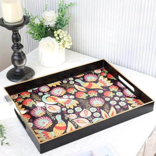Decorative Serving Tray with Handles (Black-peacock / 13" x 13" x 1.4")